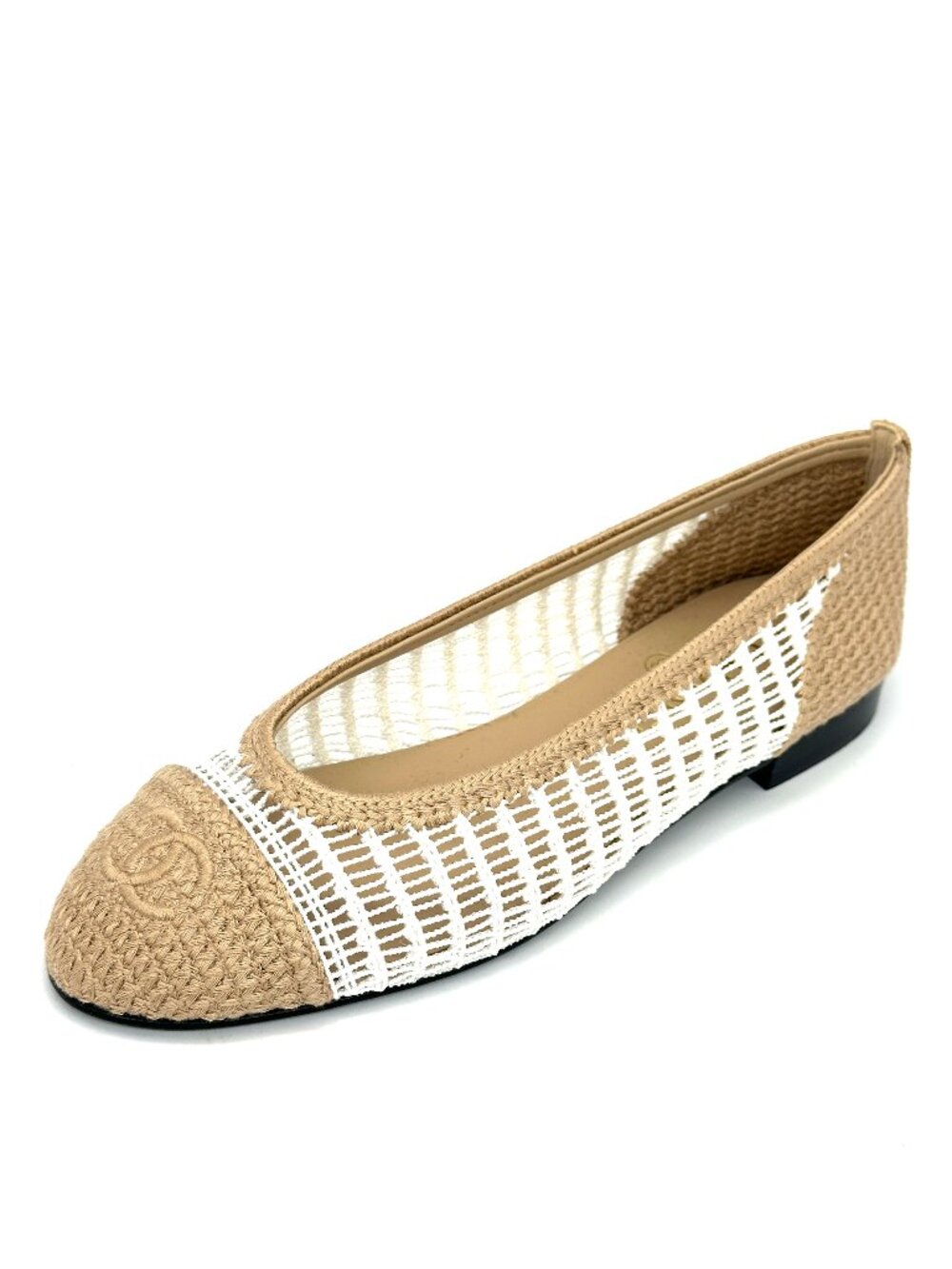 CHANEL REV CC Raffia Crochet Woven Two Tone Cap Toe Ballerina Ballet Flats - Picture 2 of 14